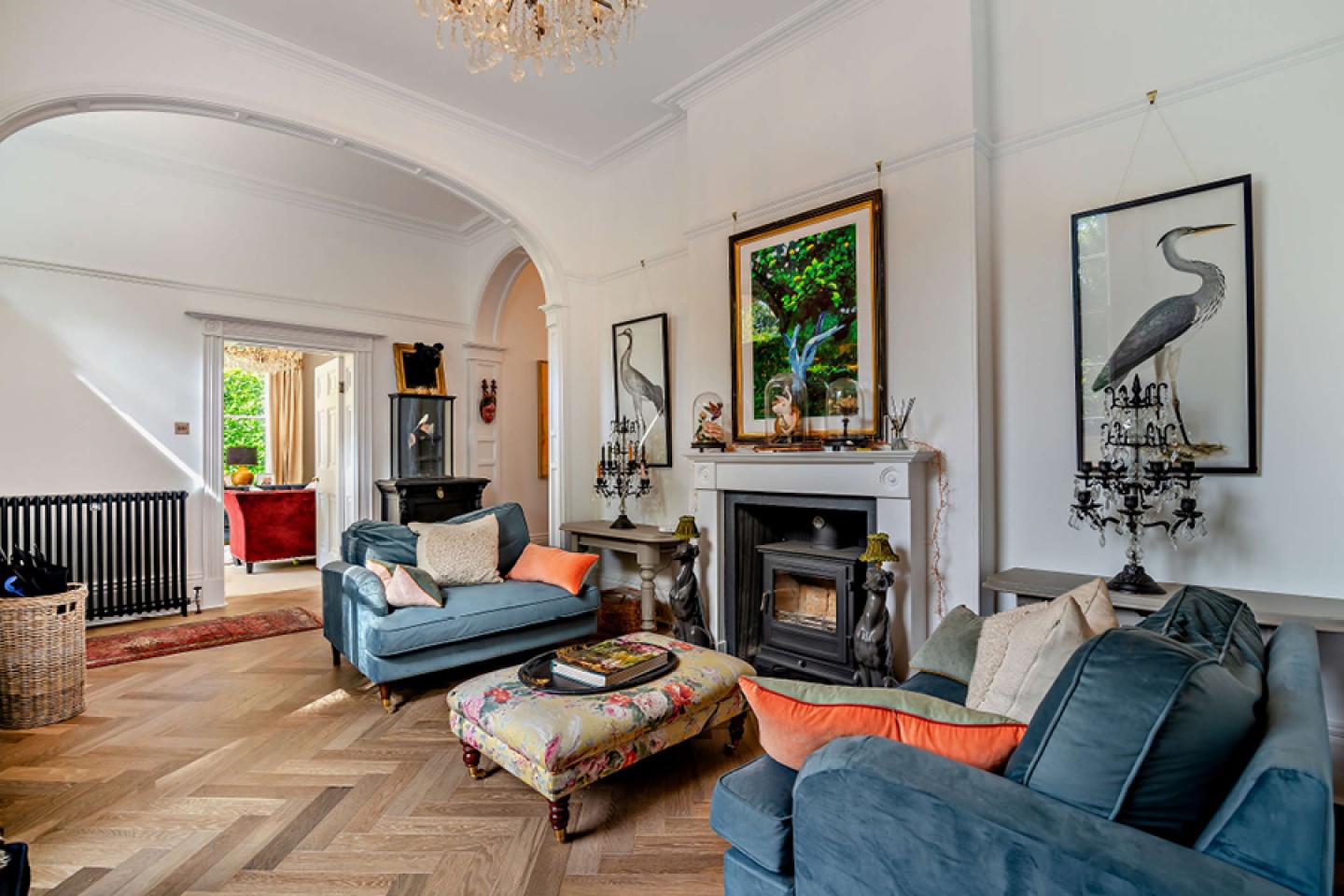 Reception room with Parquet flooring, archway and period features